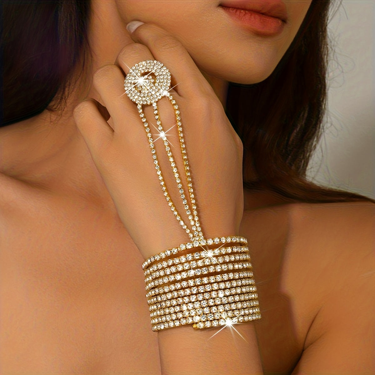 Bracelet Strass Multi-Rangs Femme - Style Luxe Pailletes Dore Argente