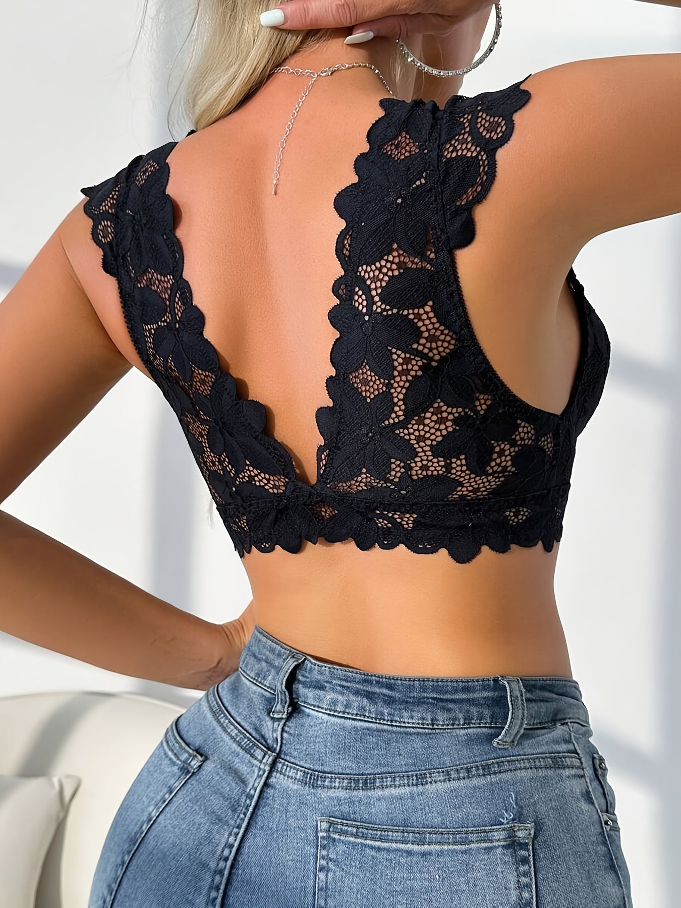Soutien-Gorge Dentelle Florale Decollete Femme Fermeture Avant - Rose Noir Rouge