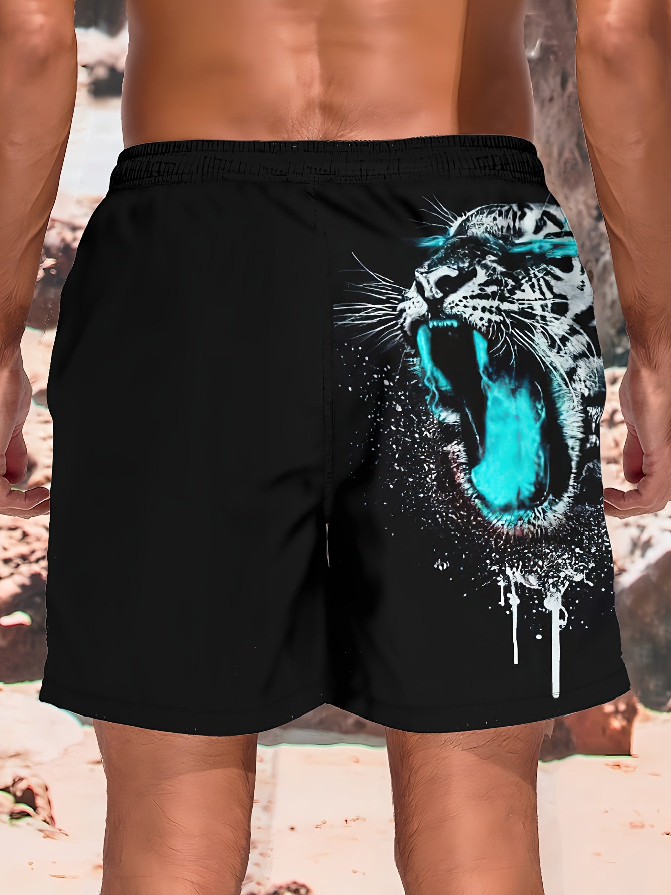 Short Homme Plage Ete Motif Tigre Feroce Geometrique - 95% Polyester Elasthanne Coupe Standard Bleu Noir FR S-XXL
