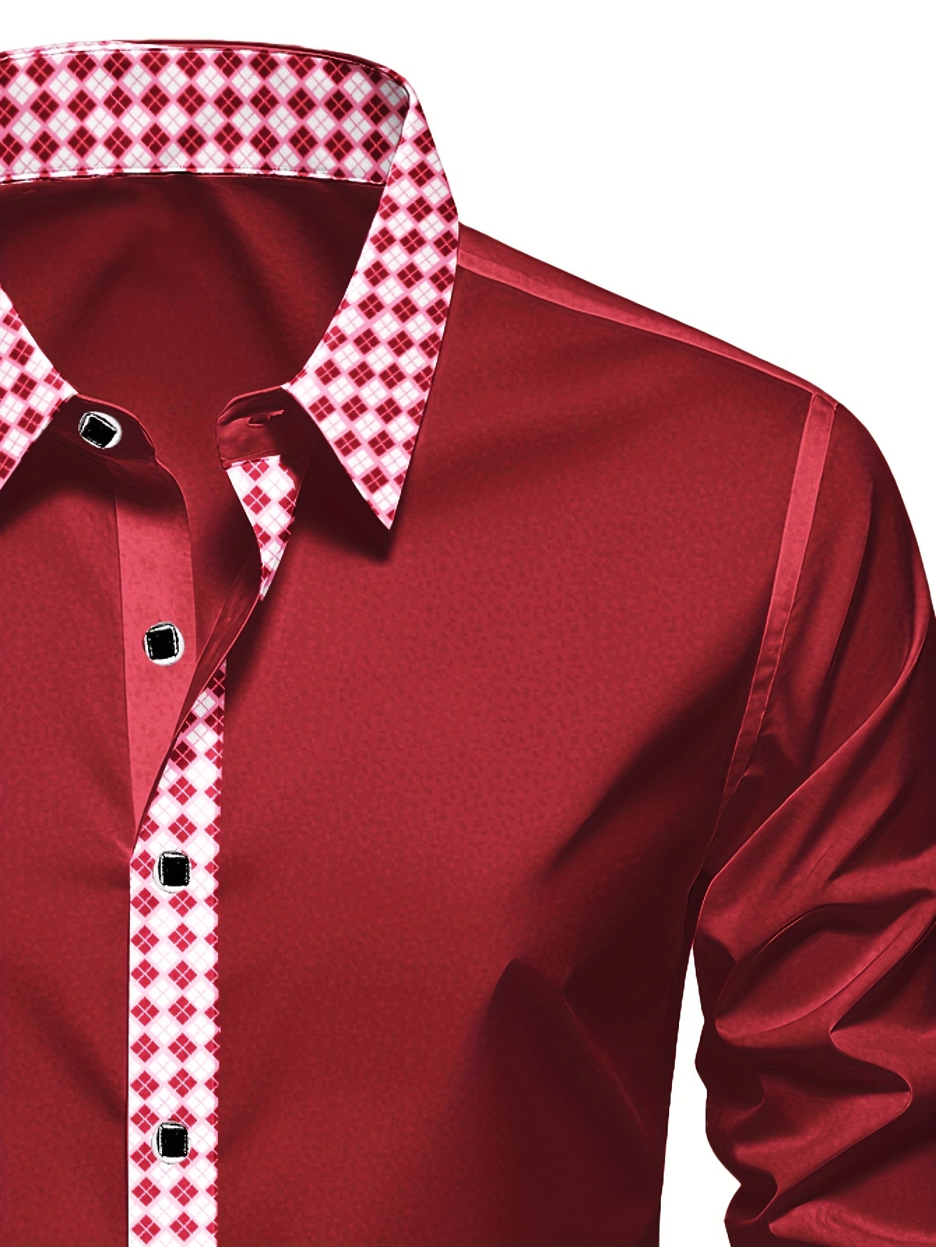 Chemise Homme Manches Longues Col Revers Blocs de Couleur 100% Polyester Decontractee - Rouge FR S-XL