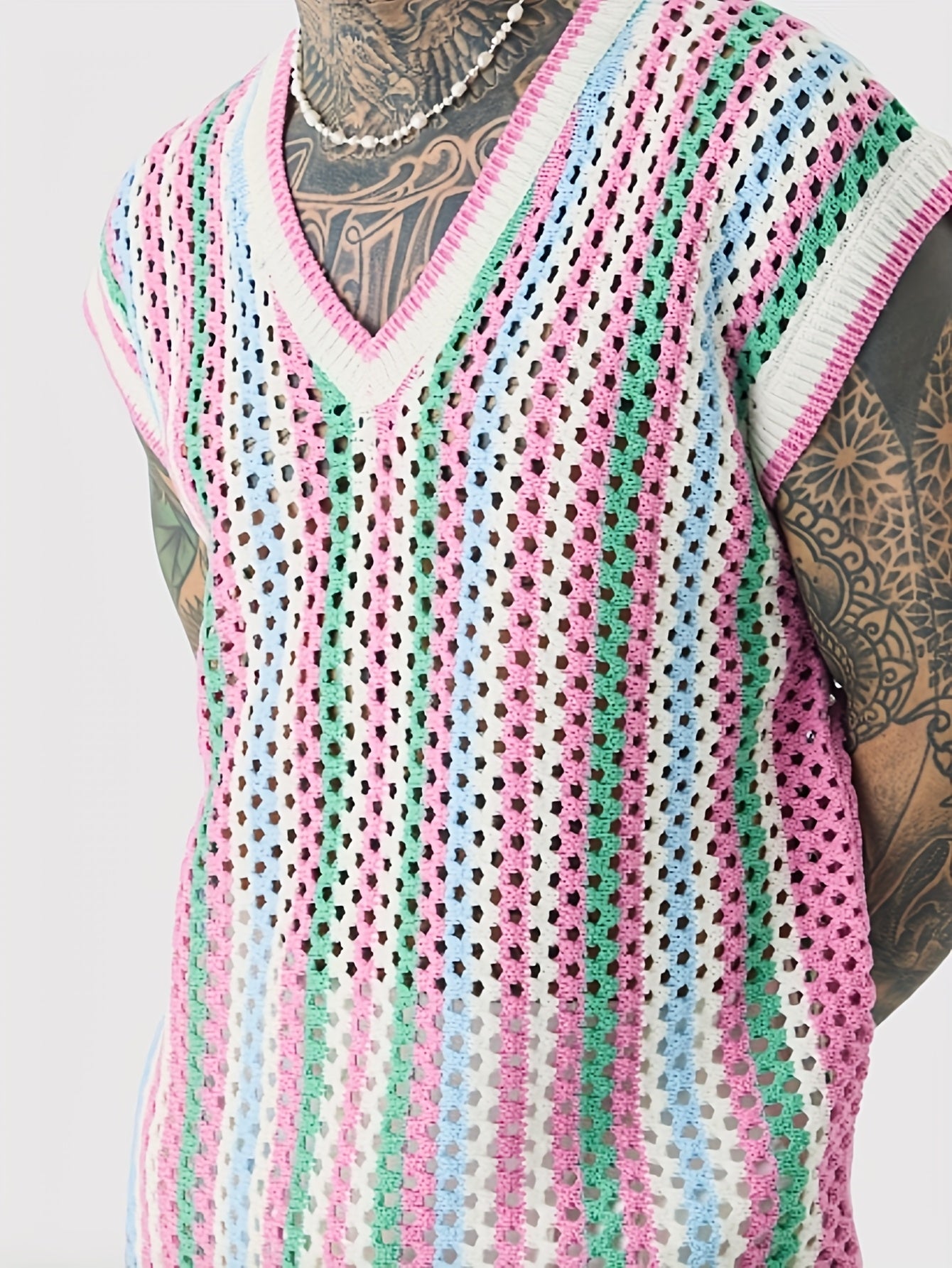 Gilet Ajoure Crochet Col V Sans Manches - Style Vacances Rayures FR S a XXL