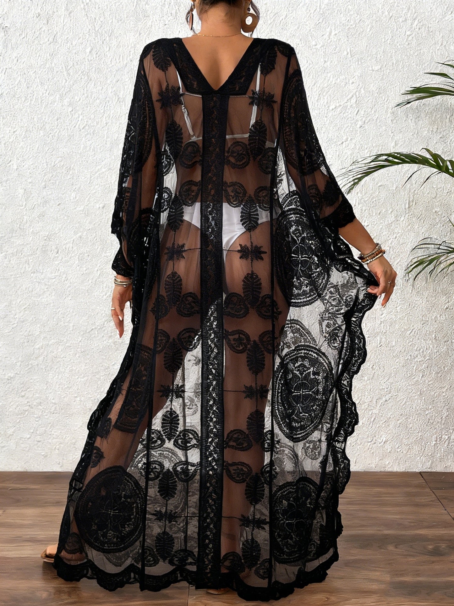 Robe de Plage Longue Femme Boheme Col en V Manches Chauve-Souris Ajoure Semi-Transparente - 65% Nylon Viscose Beige Noir Taille Unique