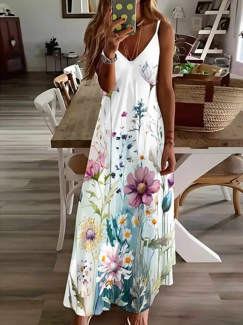 Robe longue sans manches femme - Imprimé 3D, bretelles, style romantique