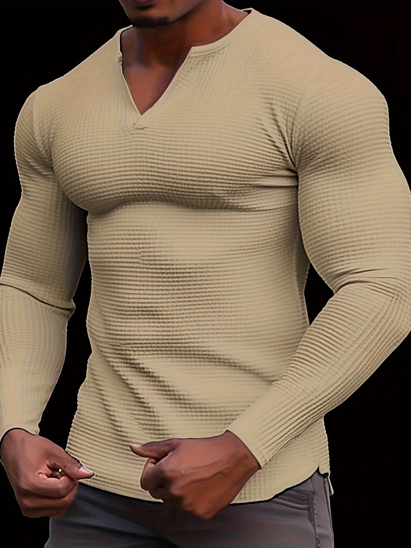 T-Shirt Homme Manches Longues Col en V Gaufre - Slim, 100% Polyester, Blanc Beige Noir, S-XXXL