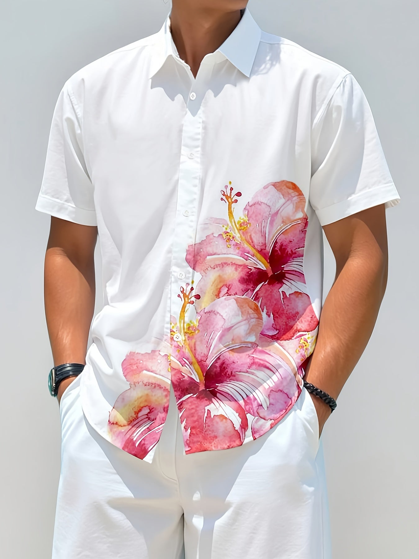 T-Shirt Homme Manches Courtes Col a Revers Imprime Floral - Boutons, 100% Polyester, Style Decontracte, Blanc, FR S au FR XXL