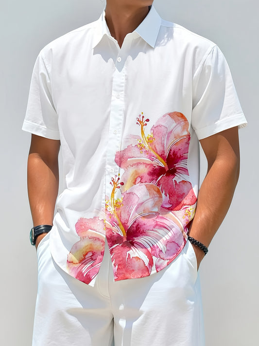T-Shirt Homme Manches Courtes Col a Revers Imprime Floral - Boutons, 100% Polyester, Style Decontracte, Blanc, FR S au FR XXL