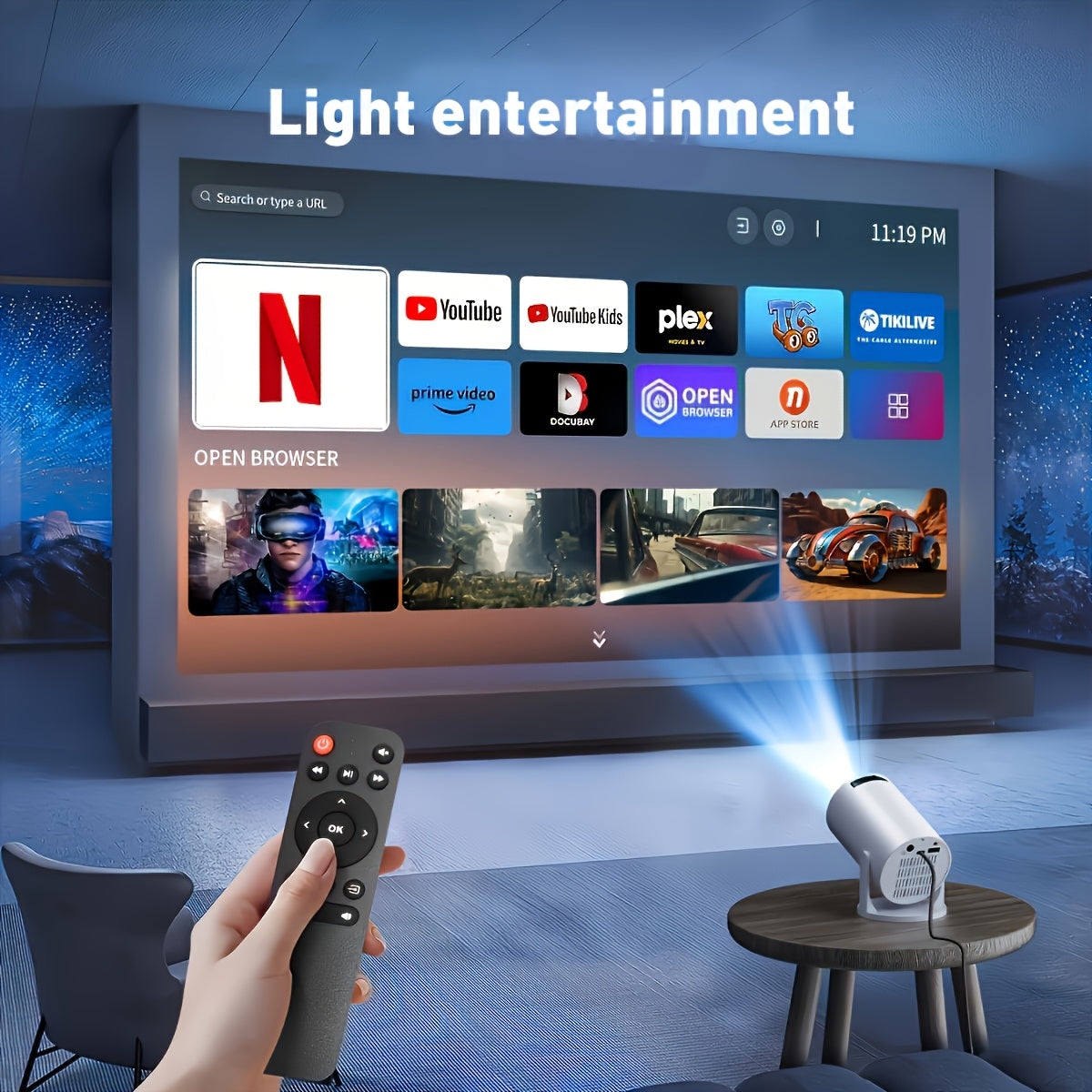Mini projecteur Full HD 1080p avec télécommande, affichant des applications de streaming sur un grand écran.