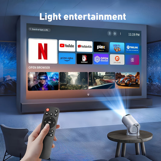 Mini projecteur Full HD 1080p avec télécommande, affichant des applications de streaming sur un grand écran.