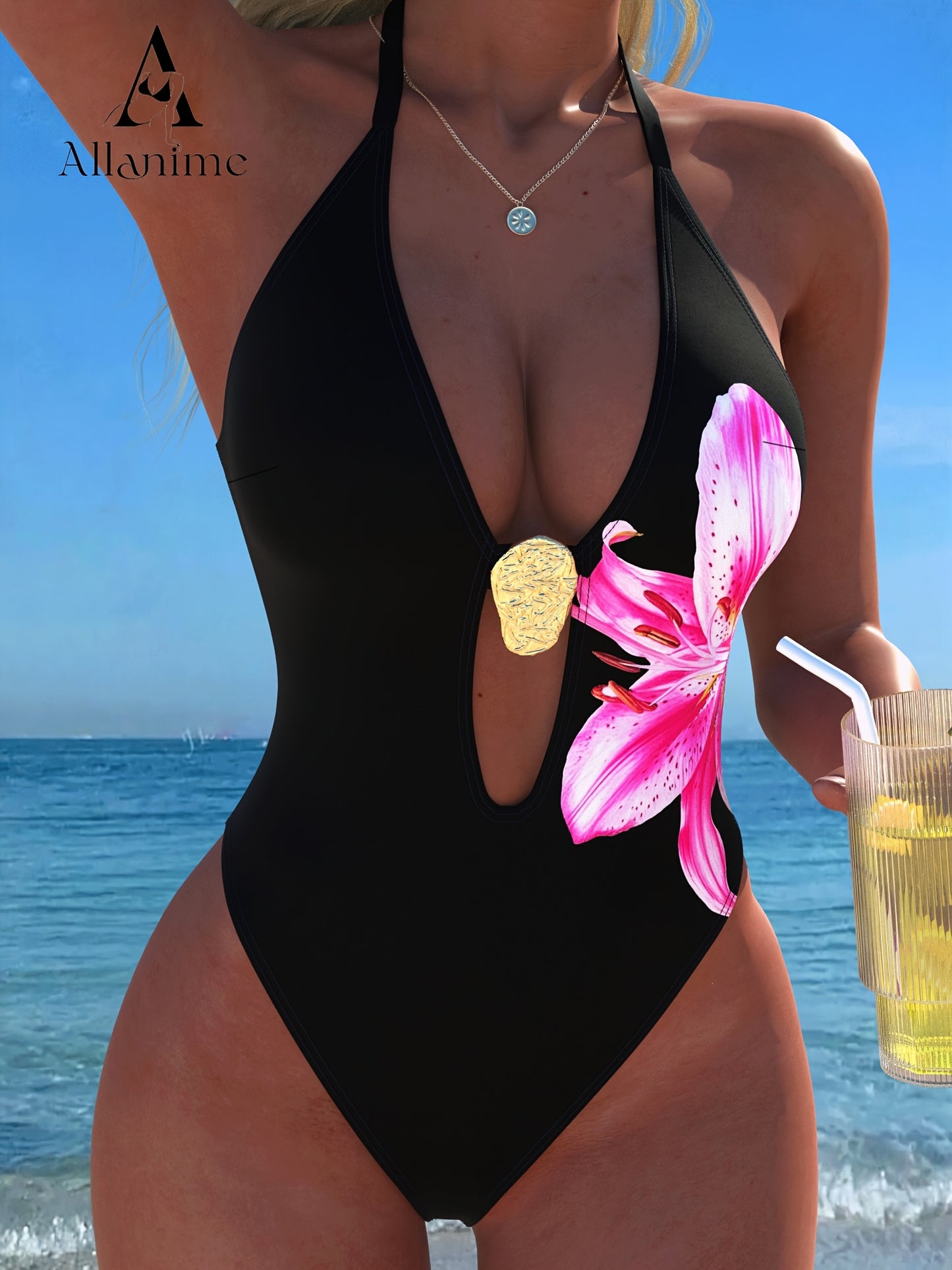 Maillot de Bain 1 Piece Femme Dos Nu Imprime Floral - Tissu Stretch, Style Sexy, Noir, S au XL