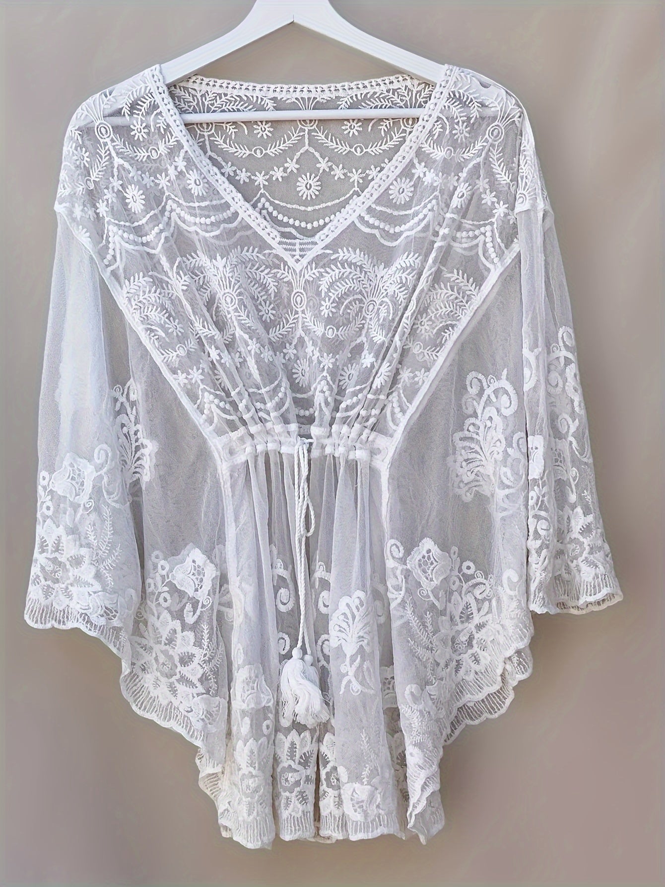 Cache-Maillot Femme Plage Col en V Manches Chauve-Souris Design Ajoure Maille Contrastee - 90% Polyester Elasthanne Blanc Taille Unique