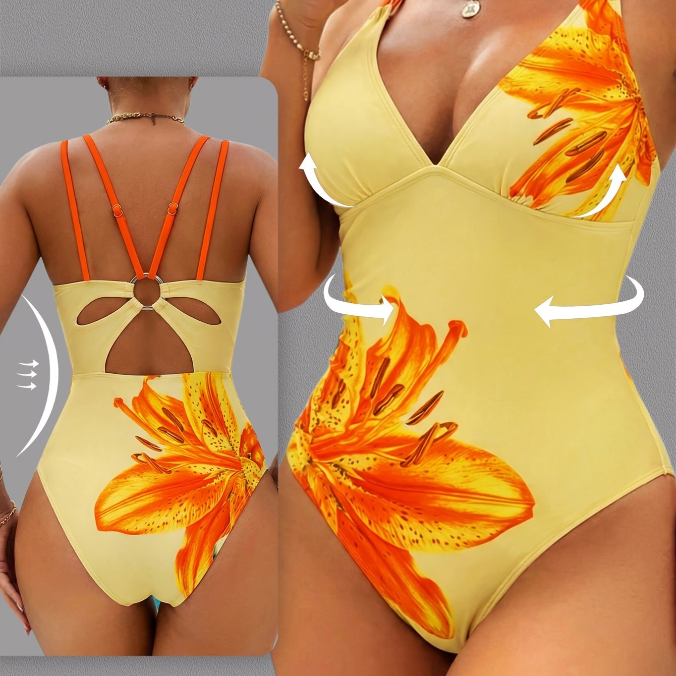 Maillot de bain une pièce femme imprimé floral jaune - Col en V, rembourrage amovible, très extensible