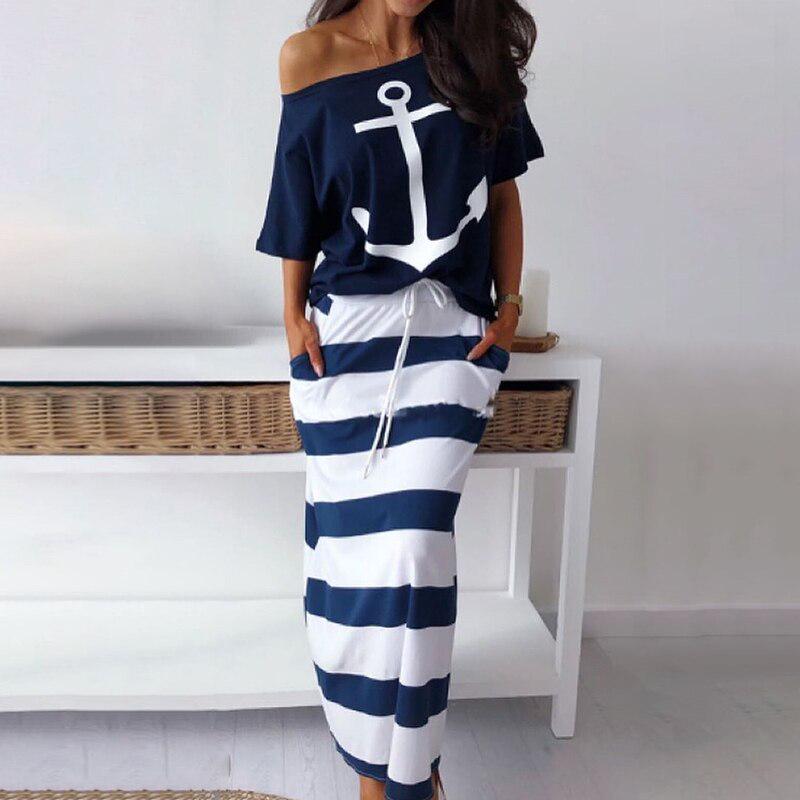 Ensemble t-shirt manches courtes et jupe imprimé ancre - Style décontracté femme