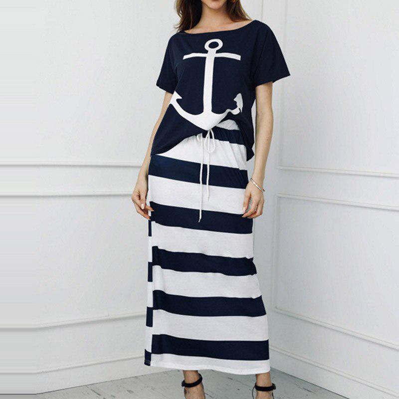 Ensemble t-shirt manches courtes et jupe imprimé ancre - Style décontracté femme