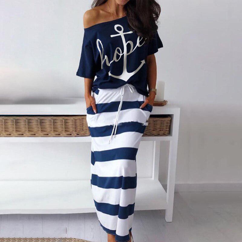 Ensemble t-shirt manches courtes et jupe imprimé ancre - Style décontracté femme
