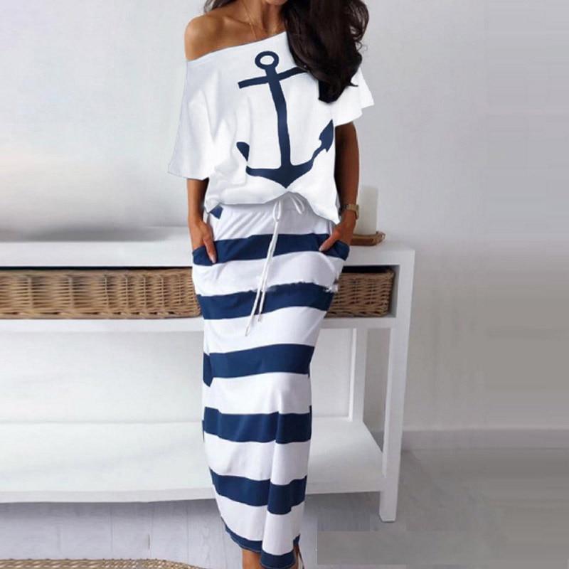 Ensemble t-shirt manches courtes et jupe imprimé ancre - Style décontracté femme