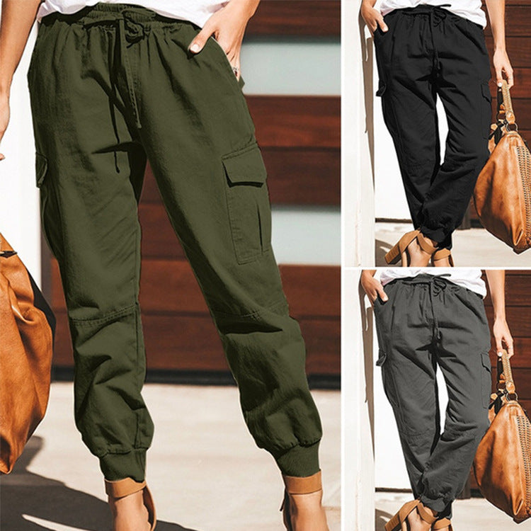 Pantalon cargo à lacets et poches, couleur unie, style décontracté - Topdecheztop.fr