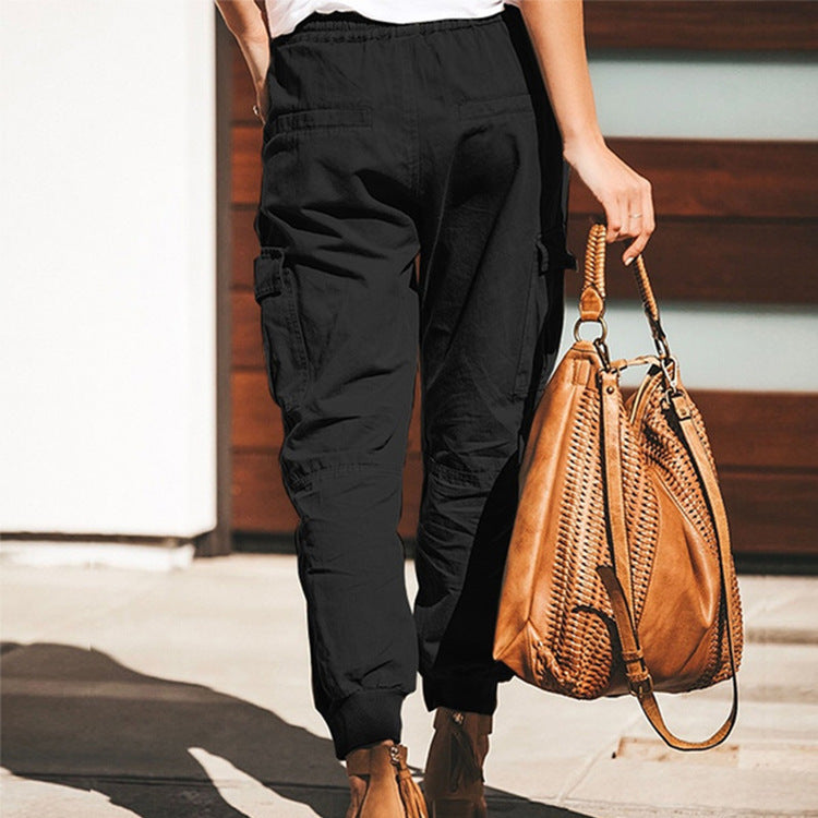 Pantalon cargo à lacets et poches, couleur unie, style décontracté - Topdecheztop.fr