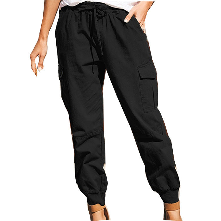 Pantalon cargo à lacets et poches, couleur unie, style décontracté - Topdecheztop.fr