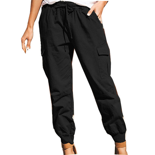 Pantalon cargo à lacets et poches, couleur unie, style décontracté - Topdecheztop.fr