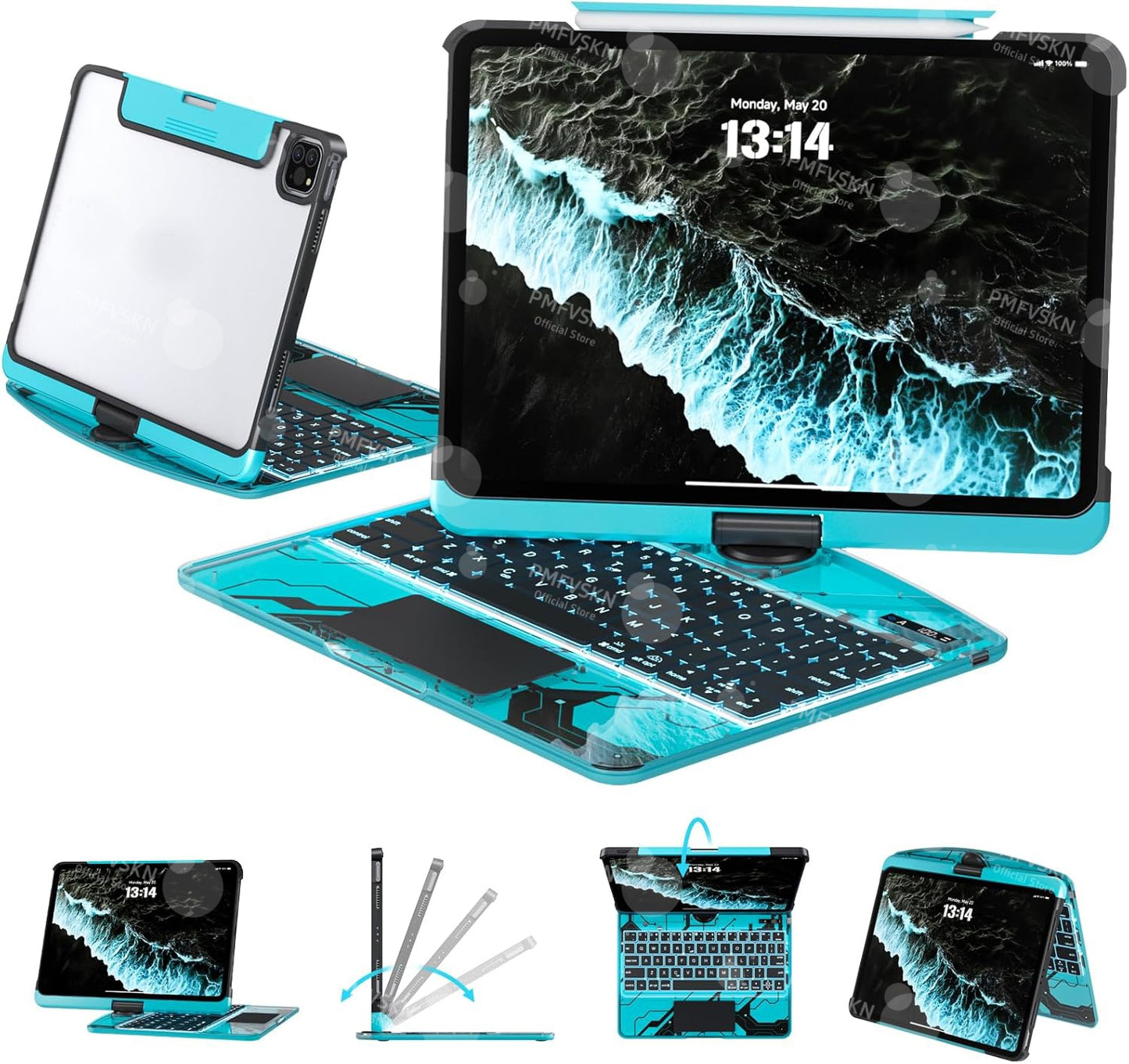 Étui Clavier Bluetooth iPad Transparent Rotatif 360° - Pavé Tactile Porte-Crayon Rétroéclairage 7 Couleurs