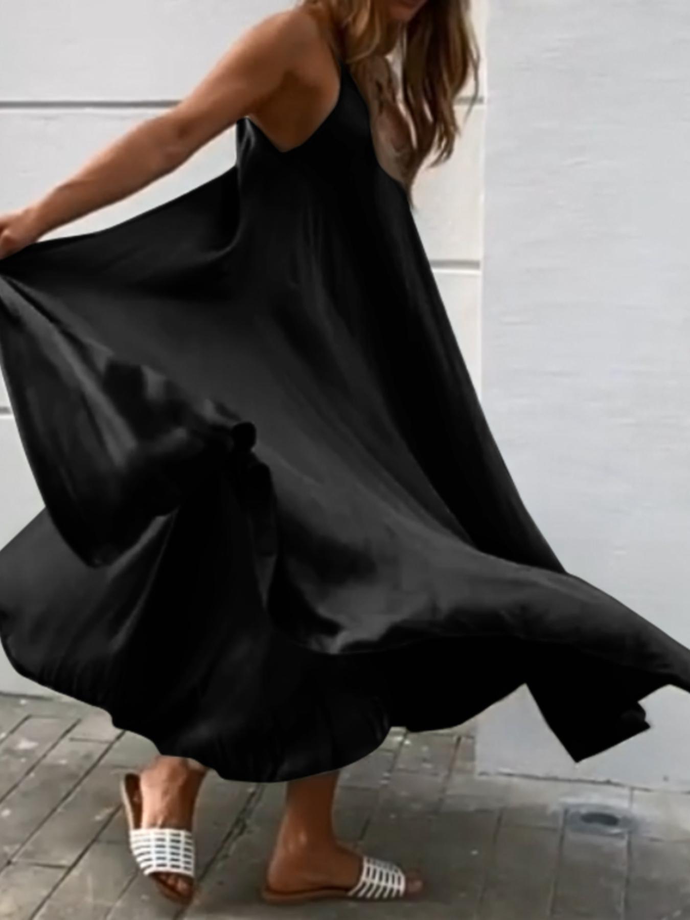Robe Longue Élégante Grande Taille Femme — Coupe Fluide, Col Ras du Cou, Noir, 1XL-5XL