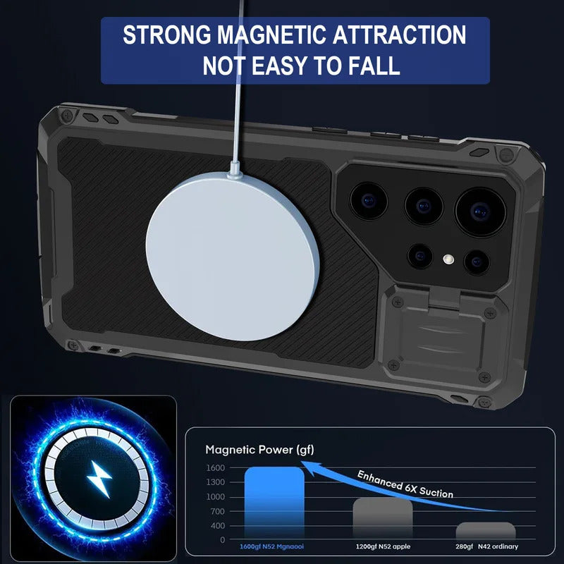 Coque Samsung Galaxy S23 S24 S25 Ultra Metal Magnetique Antichoc - Aluminium, Chargement Sans Fil, Protection Lentilles, Support, 3 Coloris