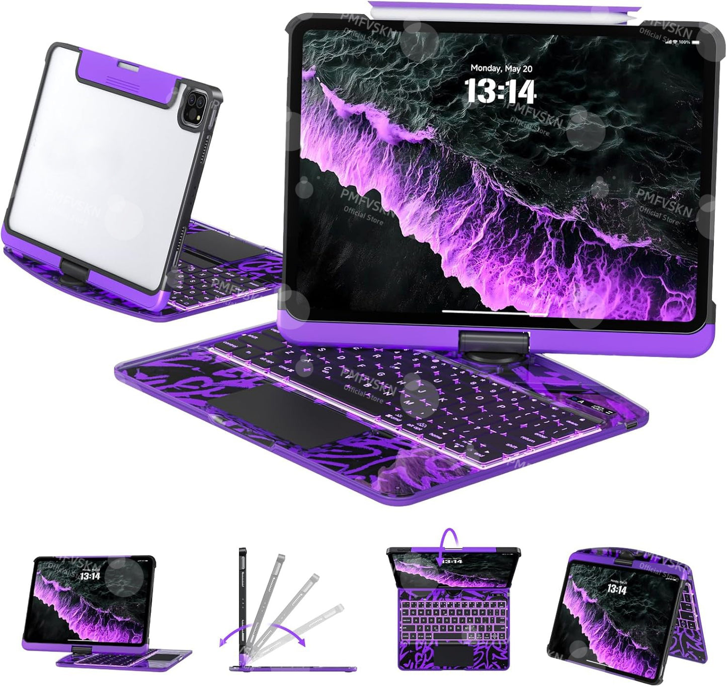 Étui Clavier Bluetooth iPad Transparent Rotatif 360° - Pavé Tactile Porte-Crayon Rétroéclairage 7 Couleurs