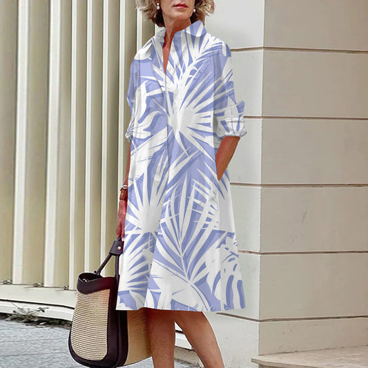 Robe Chemise Ample Imprimé 3D Femme – Style Chinois Rétro, Manches Longues, Mi-Longue