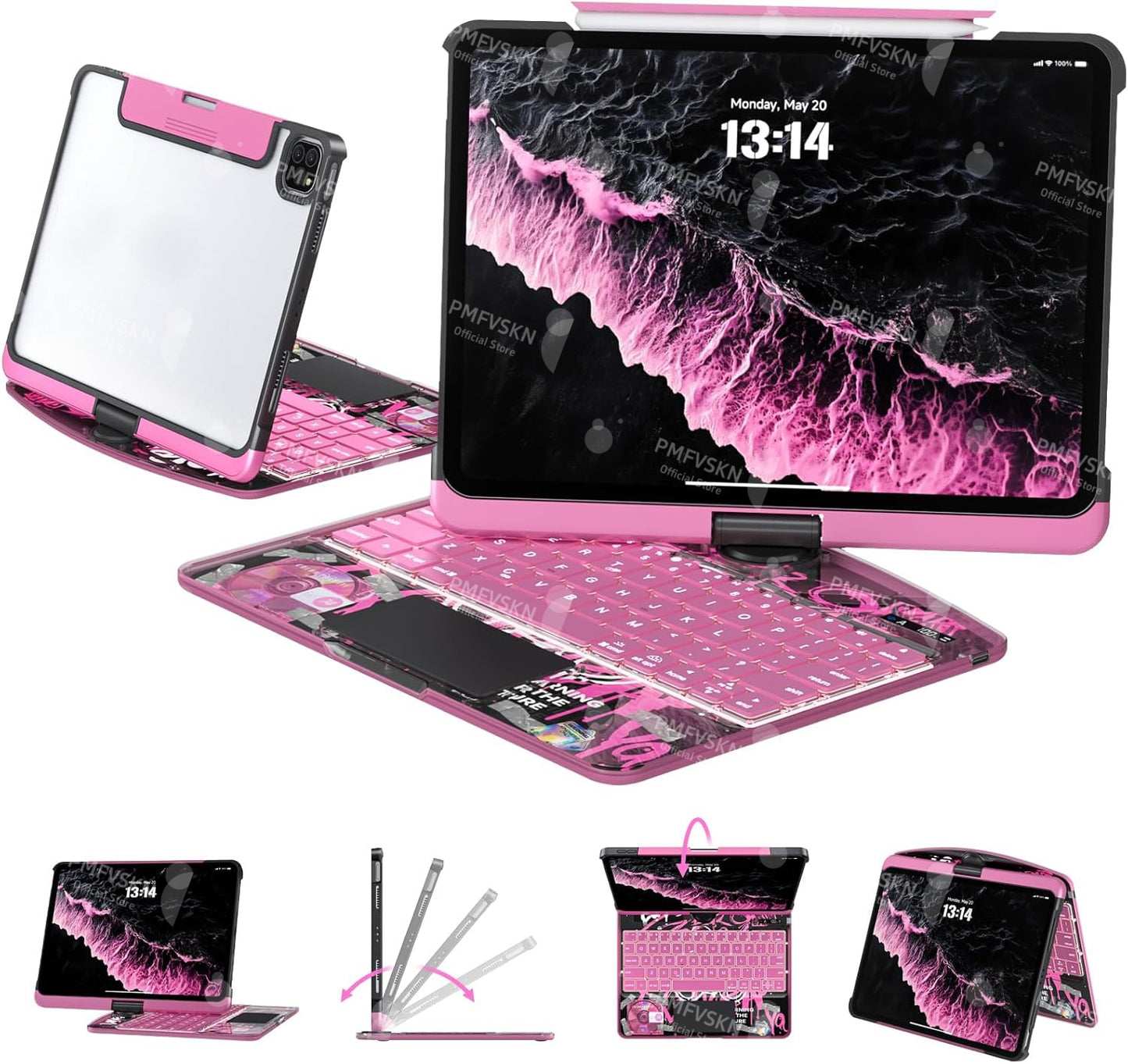 Étui Clavier Bluetooth iPad Transparent Rotatif 360° - Pavé Tactile Porte-Crayon Rétroéclairage 7 Couleurs