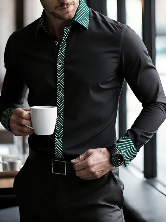 Chemise Homme Manches Longues Col Revers Couleur Unie Infroissable 100% Polyester Decontractee - Noir FR S-XL