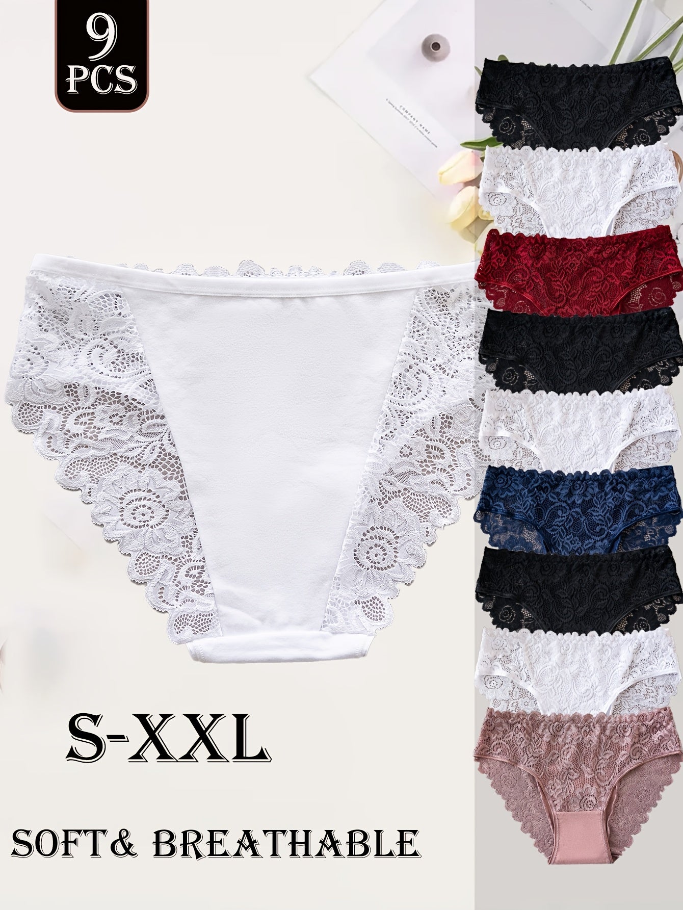 Lot de 9 culottes femme en coton avec dentelle - Couleur unie, style élégant, confort quotidien