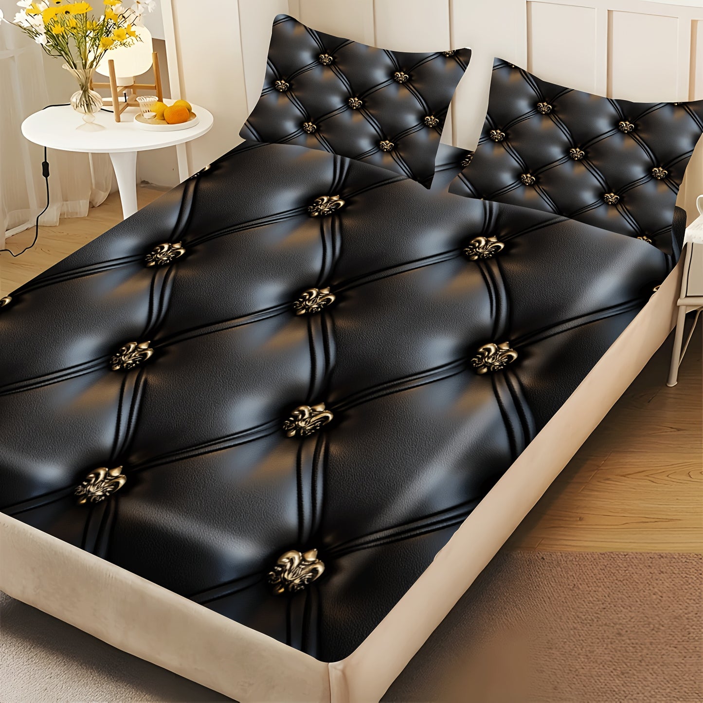Ensemble Drap-Housse Capitonné 3 Pièces — Motif Cuir Noir & Boutons Dorés, 100% Polyester, 10 Tailles
