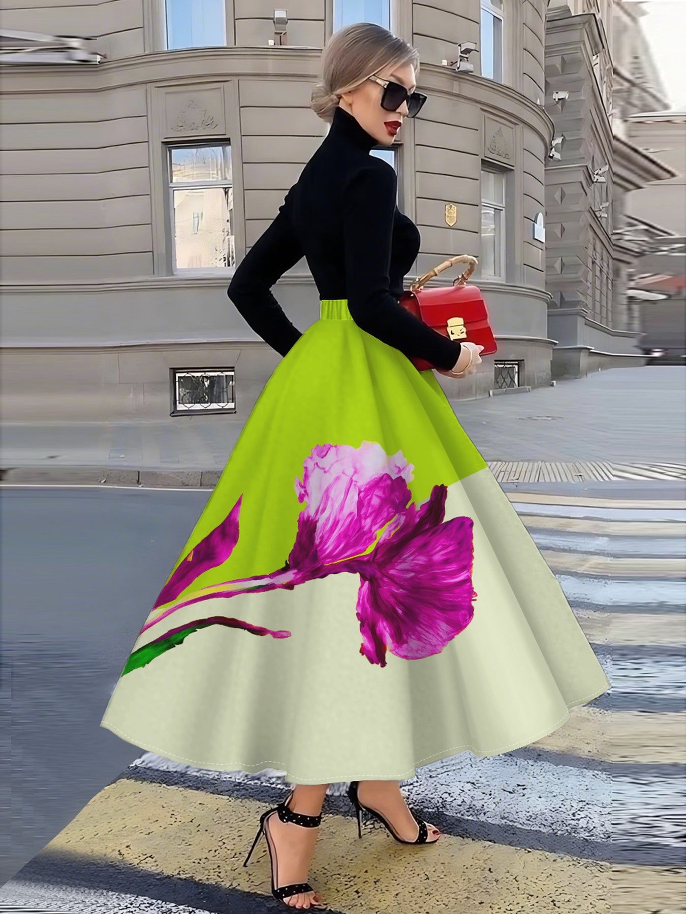 Jupe Mi-Longue Femme Imprimée Orchidées Roses – Style Élégant, Toutes Saisons