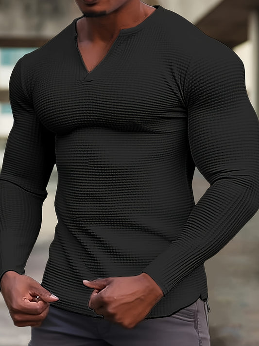 T-Shirt Homme Manches Longues Col en V Gaufre - Slim, 100% Polyester, Blanc Beige Noir, S-XXXL