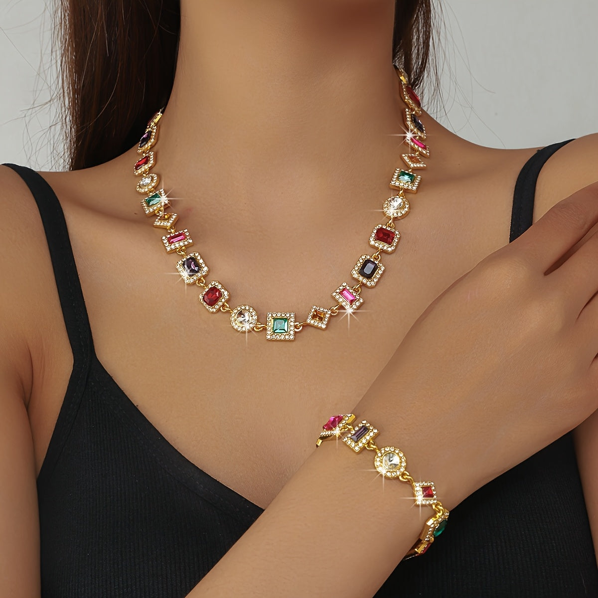 Ensemble élégant de collier et de bracelet carré en cristal - Topdecheztop.fr