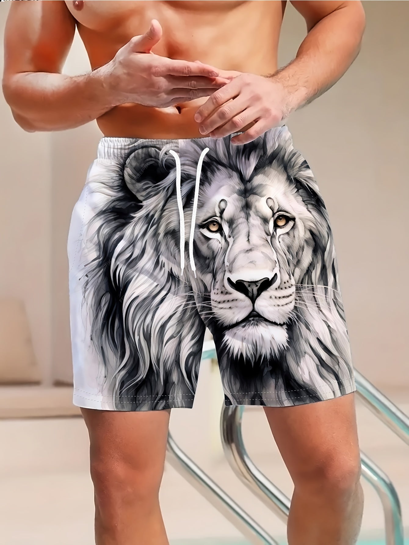 Short de Bain Homme Imprimé Lion Fantaisie - Style Décontracté