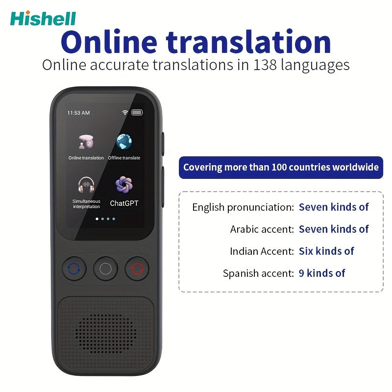 Traducteur Vocal Bidirectionnel Hishell - 138 Langues, Hors Ligne, Ecran Tactile HD 2 pouces, WiFi, USB-C