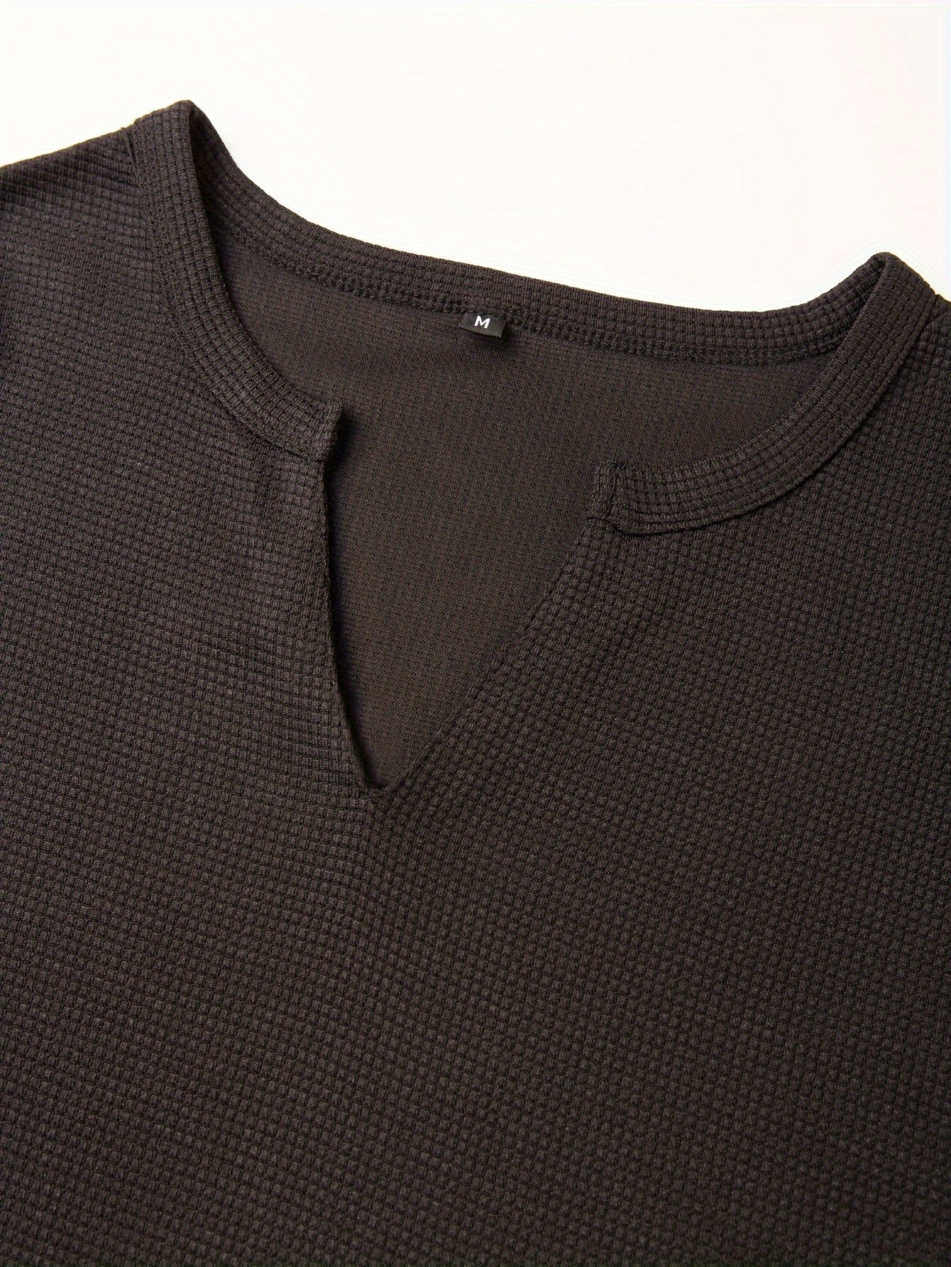 T-Shirt Homme Manches Longues Col en V Gaufre - Slim, 100% Polyester, Blanc Beige Noir, S-XXXL