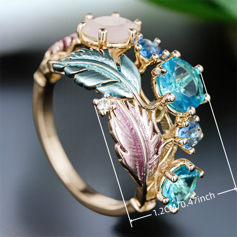 Bague Plume Vigne Doree Zircon Bleu - Bijou Boheme Femme Plaque Or