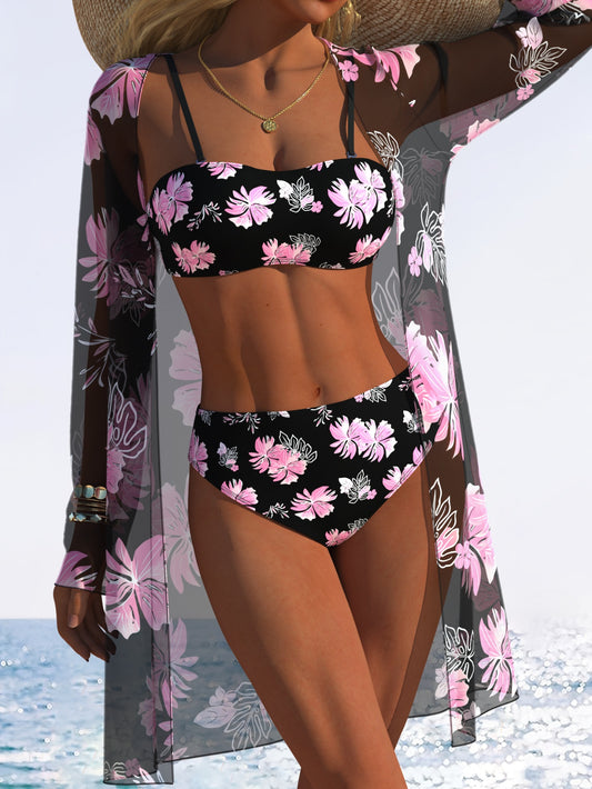 Bikini 3 pièces femme imprimé aléatoire - Tissu très extensible, style plage tendance