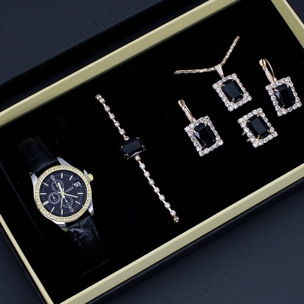 Coffret Montre-Bijou Carrée Femme – 5 Pièces : Montre + Collier + Boucles + Bague ✨