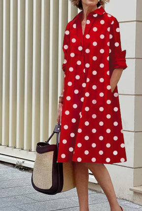 Robe Chemise Manches Longues Femme – Col Polo, Couleur Unie, Mi-Longue Grande Taille
