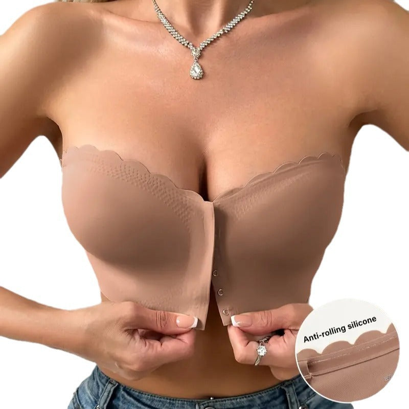 Soutien-gorge tube top sans coutures - Fermeture avant, bord ondule, nylon doux, 4 coloris