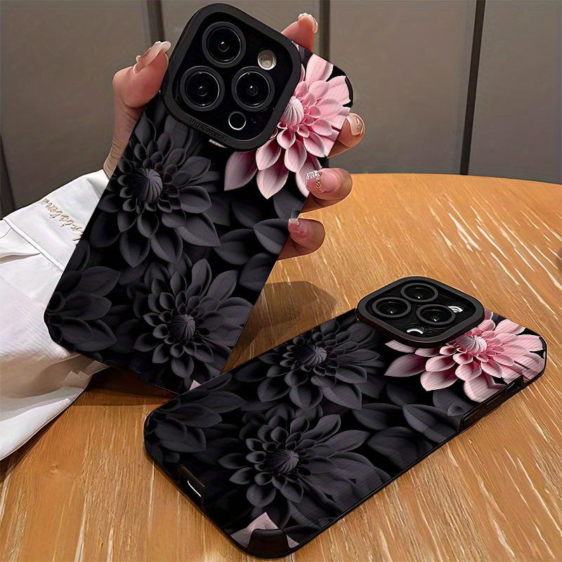 Coque iPhone Motif Floral 3D Rose et Noir – Similicuir, MagSafe, Antichoc