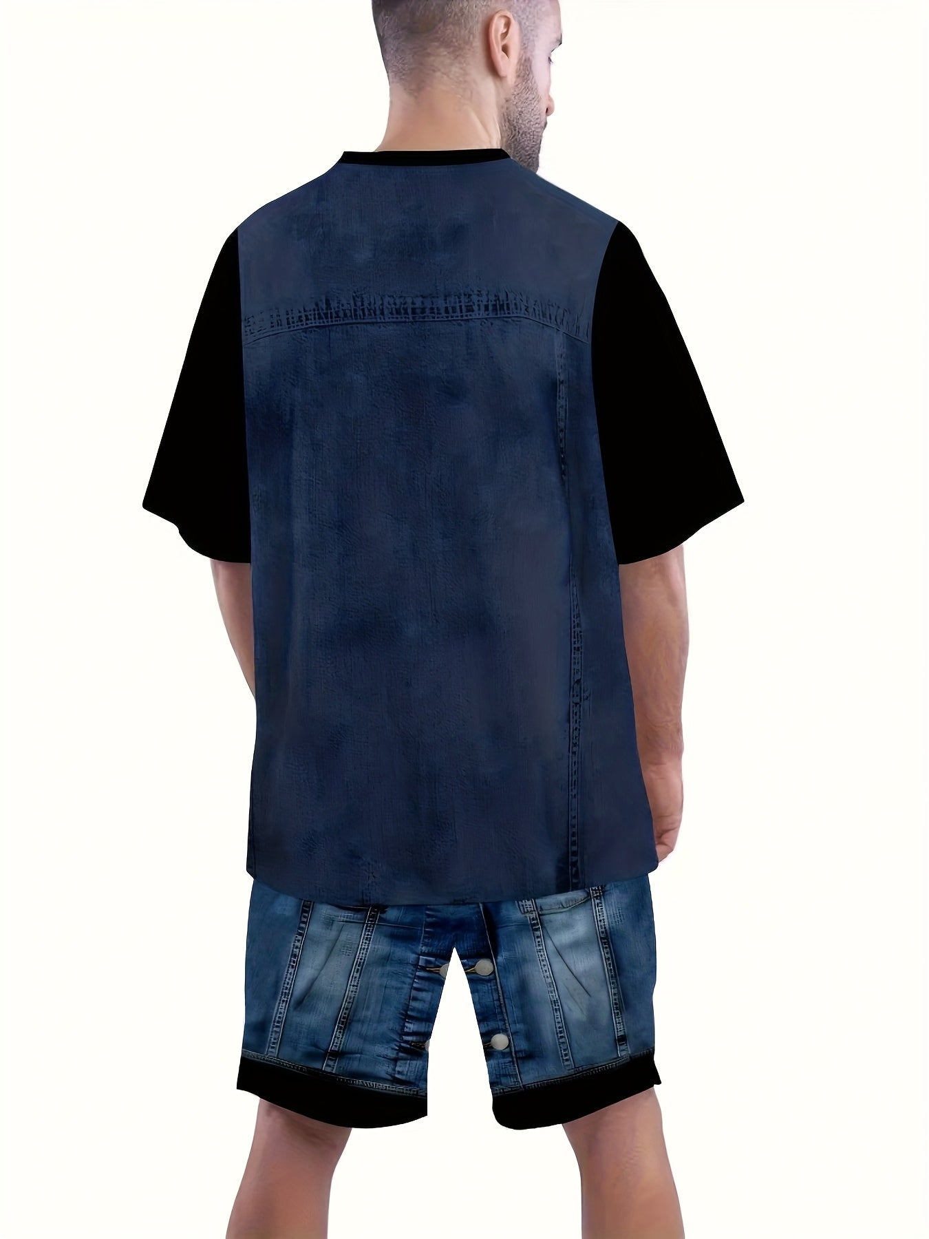 Ensemble 2 pieces homme imprime faux denim - Haut manches courtes + short assortis, polyester stretch, bleu