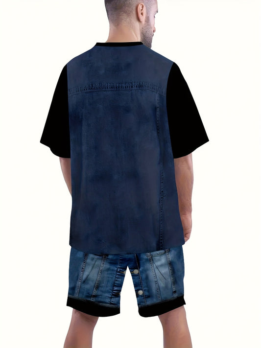 Ensemble 2 pieces homme imprime faux denim - Haut manches courtes + short assortis, polyester stretch, bleu