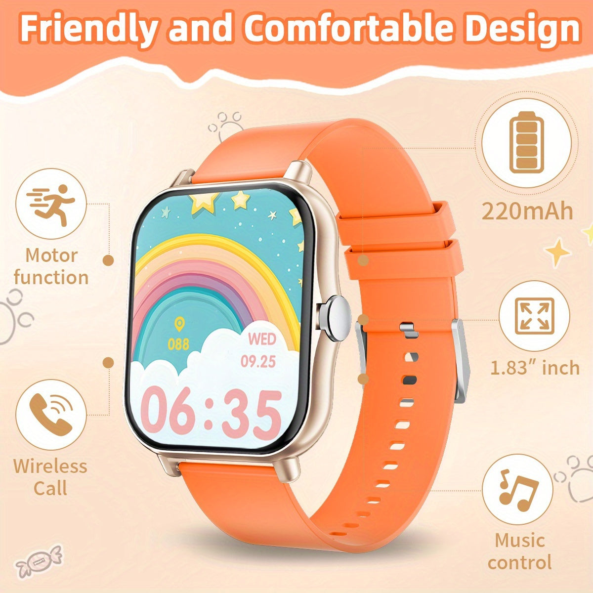 Montre Connectee Enfants Ados Ecran Tactile - Podometre, Musique, Calendrier, Alarme, Bracelet Silicone, 6 Coloris