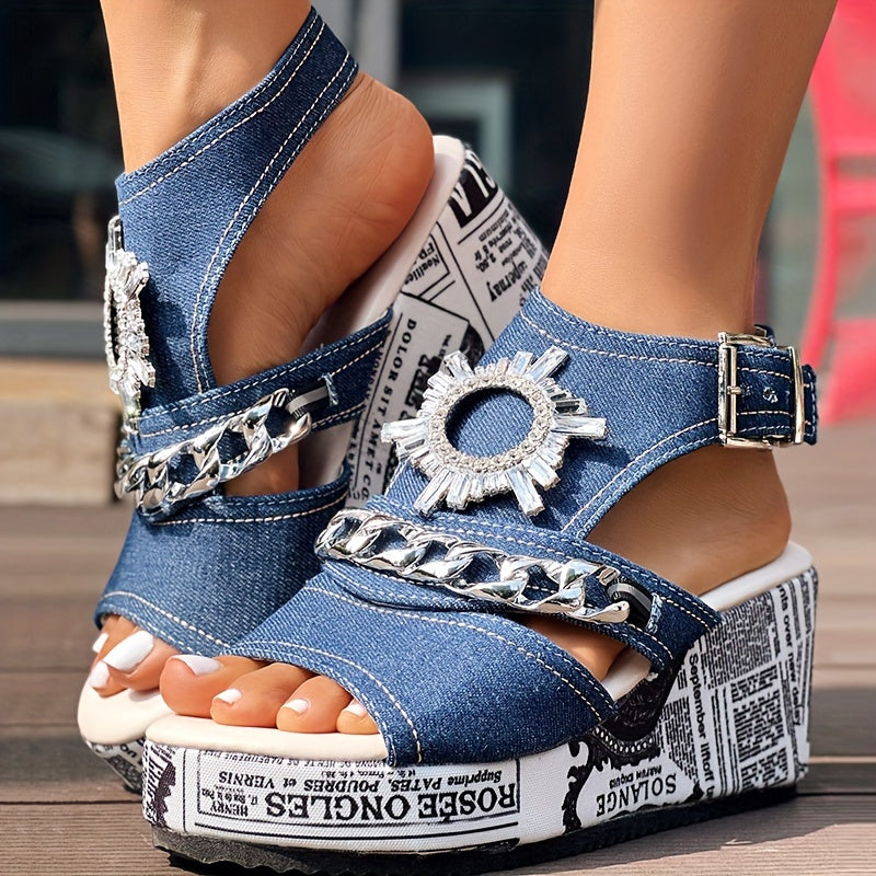 Sandales Compensées Femme Strass – Bout Ouvert, Talon Haut, Boucle Élégante