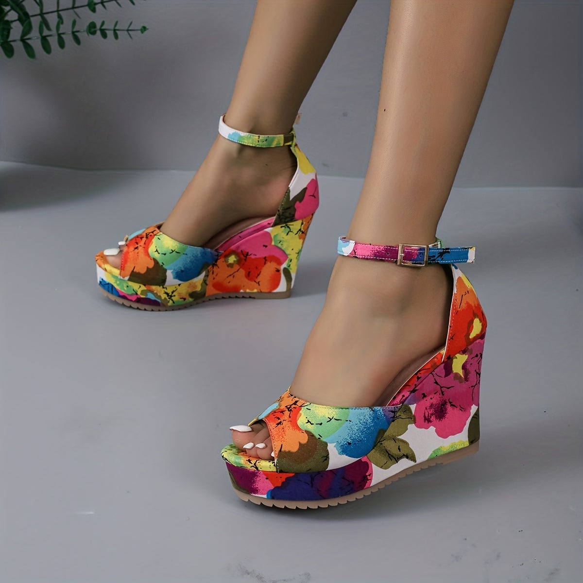 Sandales compensées , imprimé floral pour femmes - Topdecheztop.fr