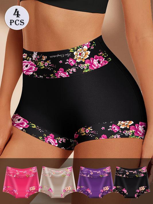 Lot de 4 Boxers Shorts Taille Haute Femme — Imprimé Floral, 92% Coton, Broderie Œillets, S-XXL